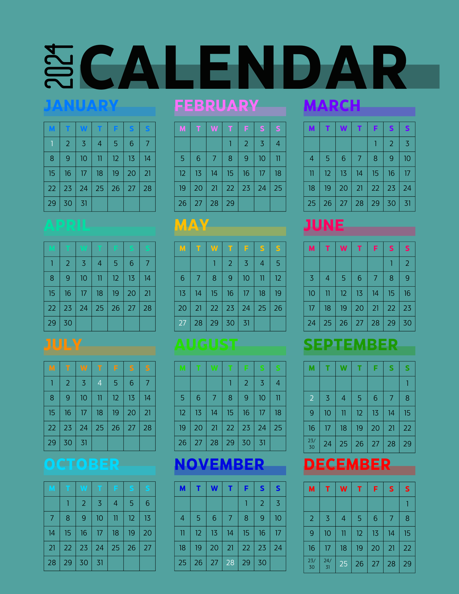 Colorful Modern Minimalist 2024 Yearly Calendar